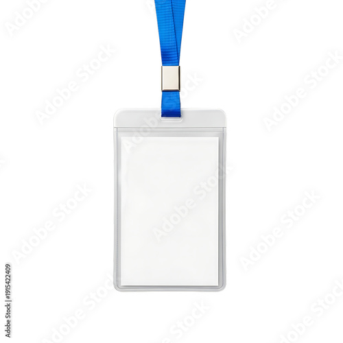 ID badge with blue lanyard and metal clip on transparent background