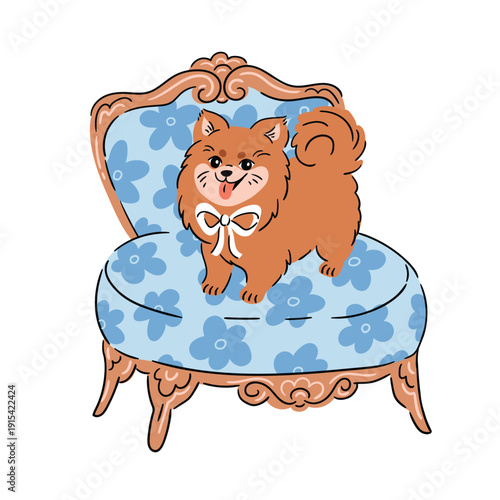 Cute brown adorable spitz dog is staing in a vintage floral arm chair, vector puppy illustration isolated on white background. Decorative design element, coquette poster or greeting card. 