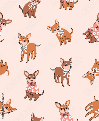 Cute Cartoon Chihuahua seamless pattern, vector dog illustration isolated on light pink background. little puppy repeat fabric design