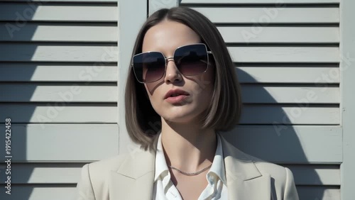 Stylish Woman Wearing Oversized Sunglasses and Blazer, Posing Against a Textured Wall