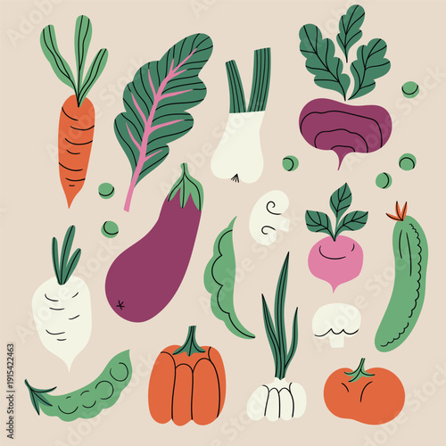 Vector vegetable collection isolated on beige background. Cute and stylish food illustration. 