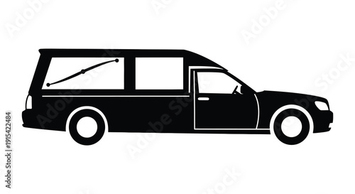 A stark black silhouette of a hearse vehicle is presented against a plain white background a somber silhouette