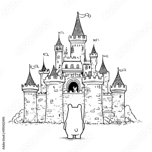 Bear Looking at Medieval Castle with Towers