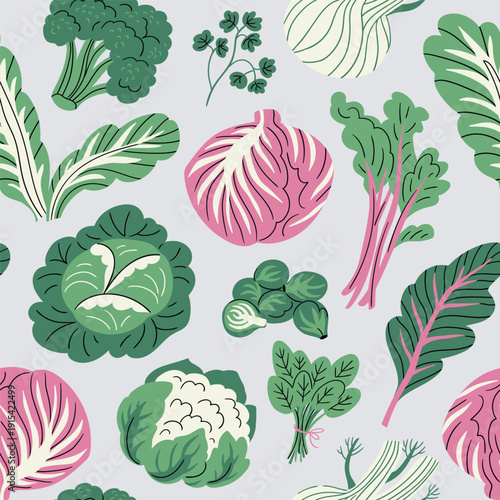 Vector cabbage seamless pattern in hand drawn flat style. Cute stylish isolated vegetables on light grey background