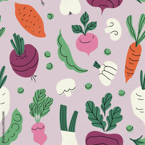 Vector root vegetables seamless pattern. Cute and stylish vegetables repeat print design in flat style. Food pattern for kitchen home decor, tea towels or tablecloths