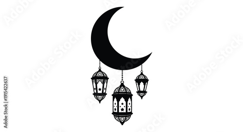 A crescent moon hangs above two ornate lanterns creating a peaceful and spiritual nighttime scene silhouette high quality