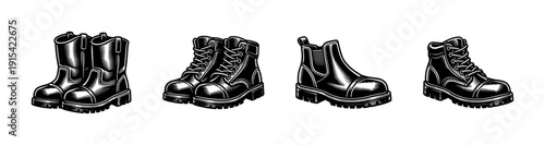 Footwear vector collection: flat vector icons set, boots, shoes, leather, and hiking footwear