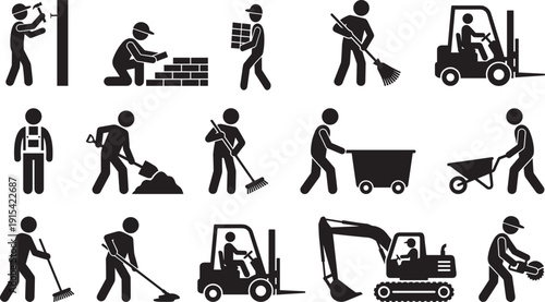 Construction labor and heavy equipment icons set, black silhouette workers operating forklift excavator masonry cleaning tasks