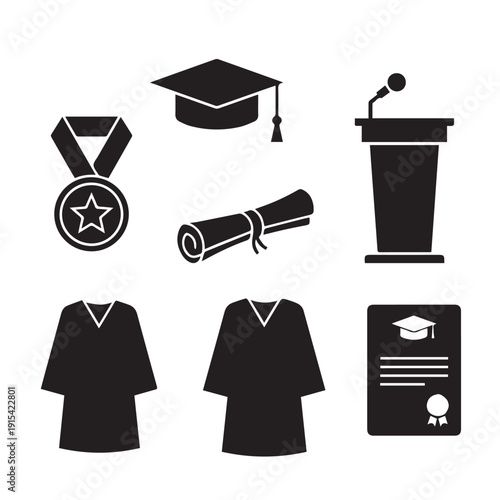  Graduation and Academic Achievement Icon Set  Bold Black Silhouettes