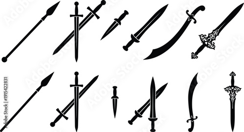 Sword and spear silhouette collection isolated on white background, medieval weapons set with daggers and sabers, black historical arms illustration