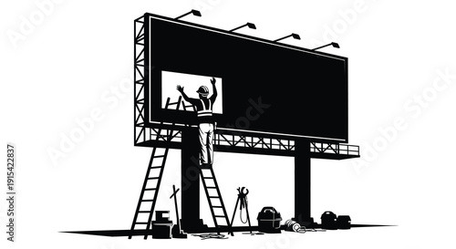 A worker adjusts a billboard on a bright day climbing a ladder with tools nearby a striking silhouette