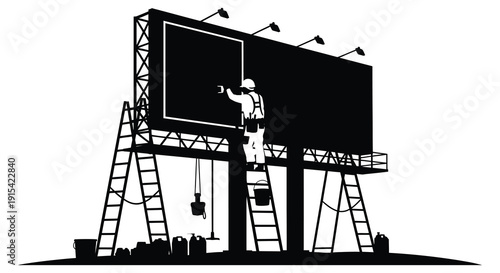 A worker is shown repairing a large billboard structure on a bright day a striking silhouette high quality