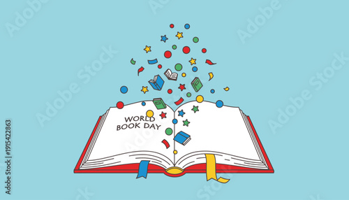 A colorful illustration of a book with objects flying out on world book day