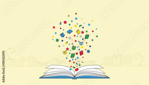 A book with colorful shapes coming out of it