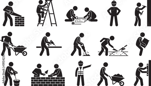 Construction worker icon collection, black silhouette builders performing masonry carpentry drilling mixing and heavy labor tasks