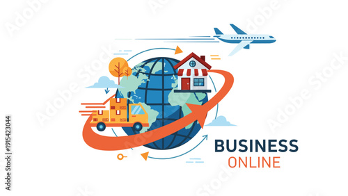 Global online business concept showing international trade routes around the world with a shop symbol delivery truck and cargo airplane.
