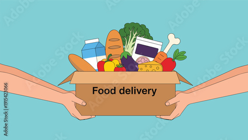 Hands holding a cardboard box filled with fresh grocery essentials including bread milk and vegetables for a home food delivery service concept.