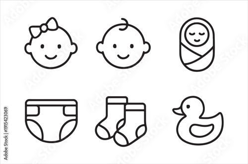 Simple black and white line icons illustrating baby items like clothing toys and infants