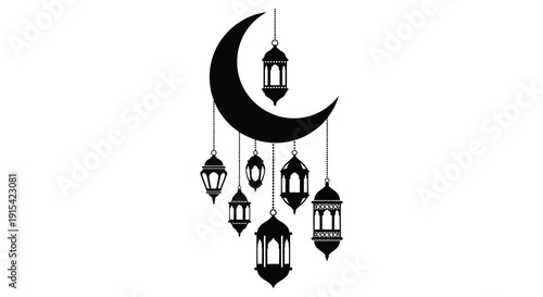 A decorative crescent moon and hanging lanterns design a popular element of islamic art in silhouette high quality