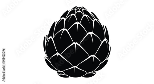 A striking black and white illustration of an artichoke emphasizing its layered structure as a silhouette high quality professional detailed
