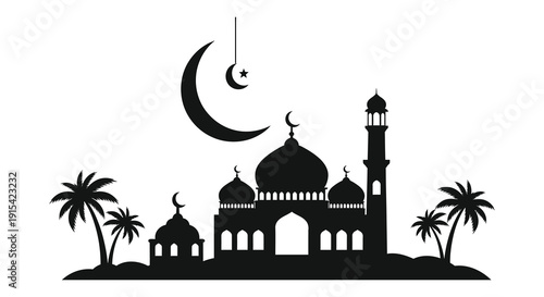 A striking black silhouette depicts a mosque crescent moon star and palm trees evoking islamic tradition high quality