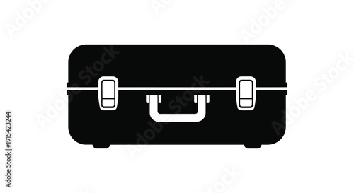 A stark black suitcase graphic with metallic closures and a central handle presented as a silhouette high quality