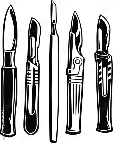 Scalpel and Surgical Knife Vector Set in Black and White Line Art Style