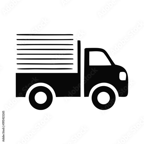 Simple flat black icon of a moving delivery truck carrying boxes, symbolizing transport, logistics, and efficient cargo shipping services for businesses and e-commerce