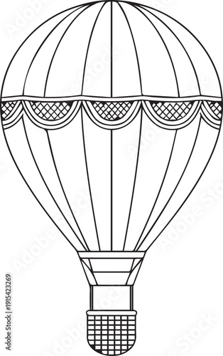 Hot air balloon line drawing vector illustration with decorative patterns representing travel adventure leisure and exploration concept