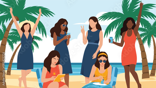 Group of diverse young women enjoying a summer day at a tropical beach with palm trees while relaxing and using their mobile devices.