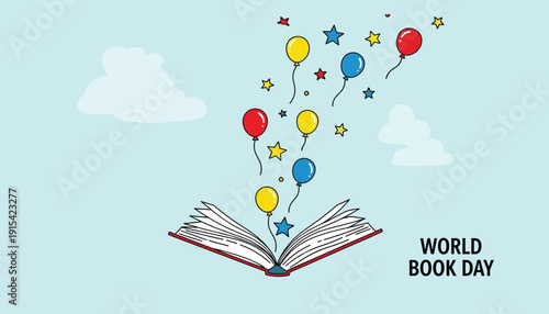 A colorful illustration of world book day with balloons and stars coming out of an open book