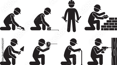 Construction worker activity icons set, black silhouette builders measuring drilling plastering bricklaying and repair tasks