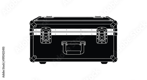 A stark black travel case with metal hardware and a central handle is prominently featured as a silhouette