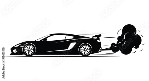 A sleek sports car performs a dynamic burnout leaving a trail of smoke against a plain backdrop silhouette