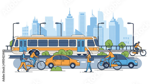 Bustling urban city scene with public bus transportation, commuters on bicycles, and pedestrians walking against a skyline backdrop.