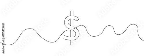 Continuous line drawing of a dollar sign with a wavy line representing market fluctuations
