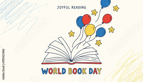 A colorful illustration for world book day with balloons and an open book