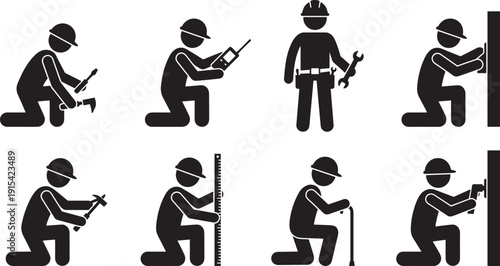 Construction worker tool icons set, black silhouette builders using hammer drill wrench measuring and installation equipment