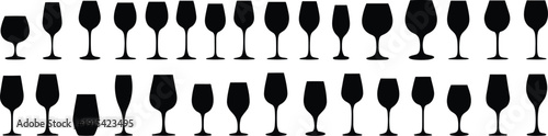 Wine glass silhouette collection isolated on white background, black drinkware shapes set for bar, restaurant and beverage branding design