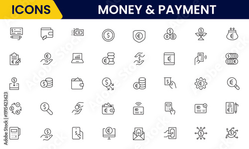 Money and payment are simple, minimal, thin line icons. Related money, credit card, atm, purchase, bill. Vector illustration.