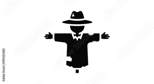 A stark black silhouette depicts a scarecrow figure with outstretched arms and a wide brimmed hat silhouette high quality