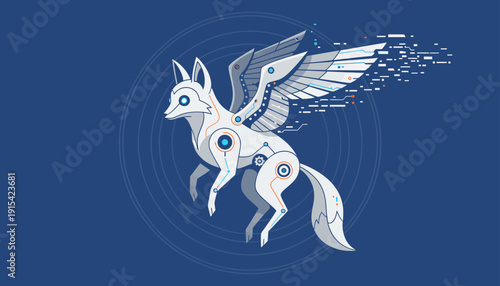 Futuristic cybernetic fox with mechanical wings soaring through a digital galaxy