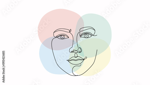 Minimalist Continuous Line Art of a Serene Human Face Intersected by Soft Pastel Color Spheres, Symbolizing Inner Harmony and Diverse Emotions