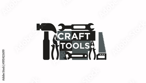 Graphic illustration of assorted essential hand tools, including hammer, wrench, and saw, symbolizing craft, DIY projects, repair, and workshop activities