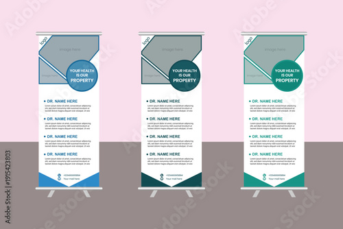 Rollup Banner design. Healthcare and medical agency Corporate. Modern the medical clinic rollup banner design by ellipse and organic shape.