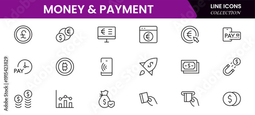 Money and payment are simple, minimal, thin line icons. Related money, credit card, atm, purchase, bill. Vector illustration.
