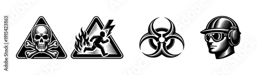 Safety warning flat vector icons set: hazard signs and protective gear illustrations