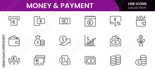 Money and payment are simple, minimal, thin line icons. Related money, credit card, atm, purchase, bill. Vector illustration.