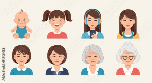 Diverse group of people cartoon faces from baby to senior on cream background