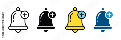 Notification bell with plus icon vector. Subscription symbol for new alert, message notification, reminder setting, and user engagement set. Vector Illustration.